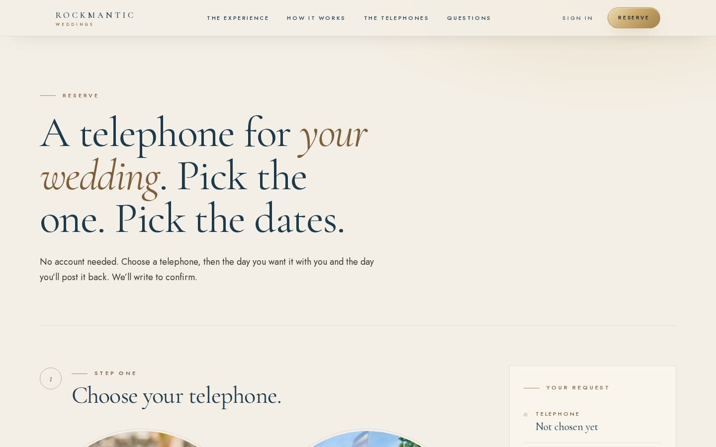 Rockmantic reservation — choose a vintage telephone and the dates, with no account.