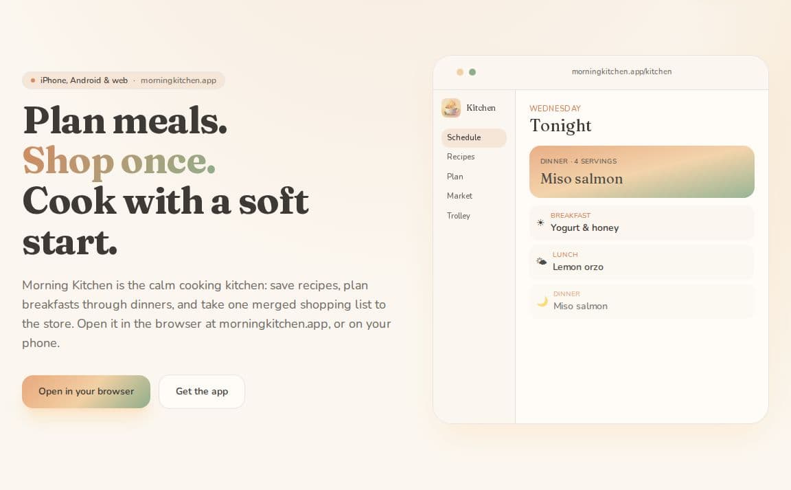 Morning Kitchen — a week of meals beside one merged shopping list.