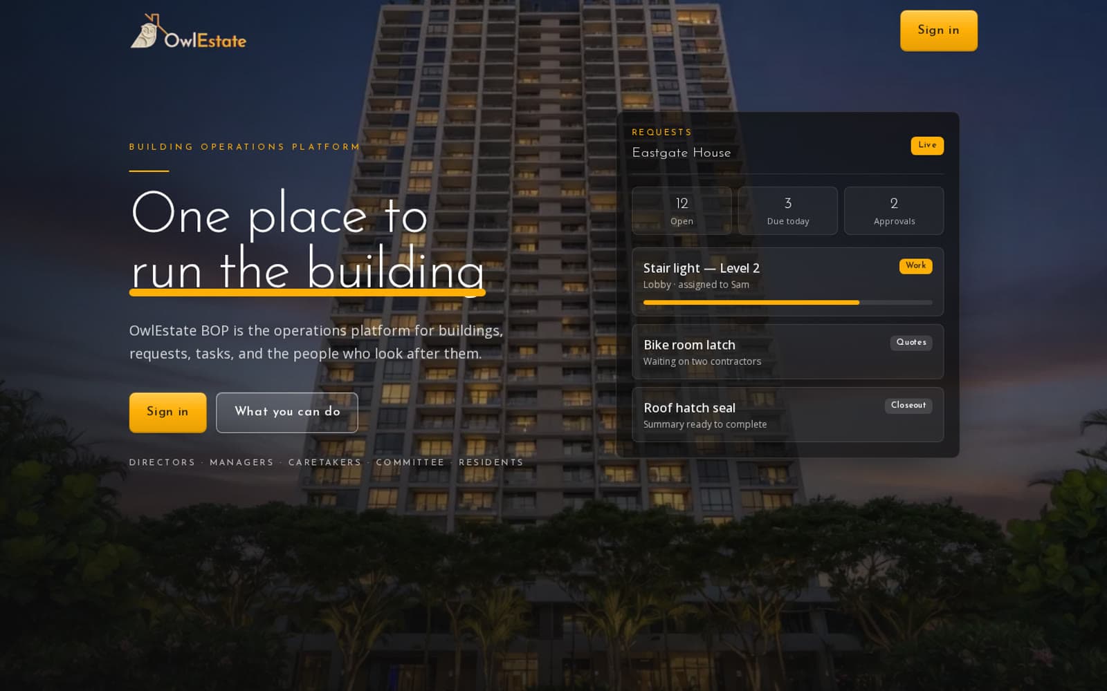 OwlEstate — one place to run the building, with a live requests panel.