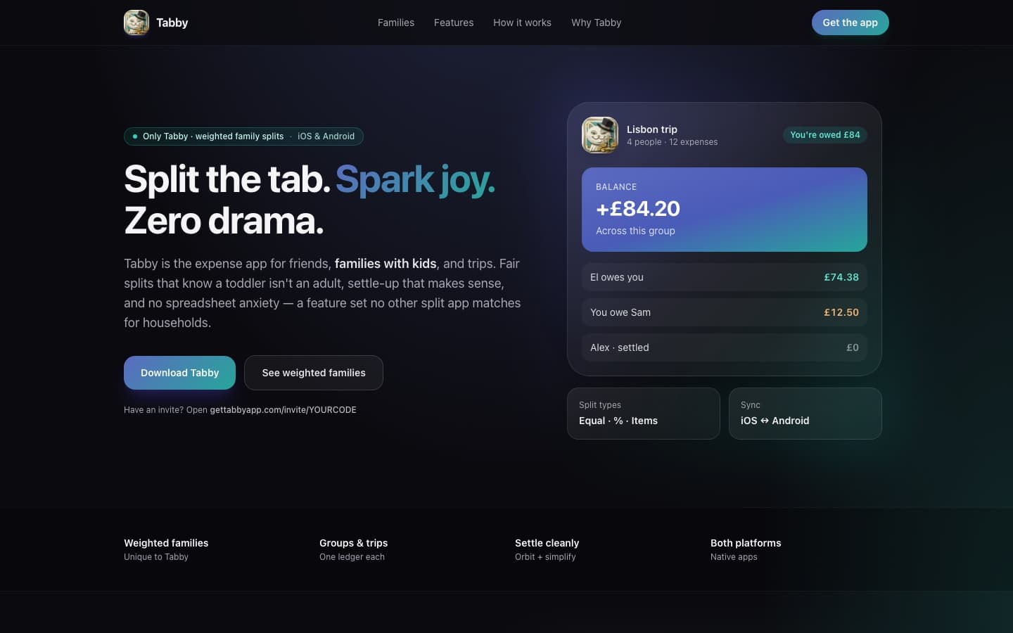 Tabby — split expenses for friends, families with kids, and trips.